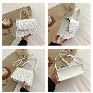 Detail shots showing the white quilted texture and gold hardware of the chain bag