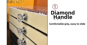Detail of crystal drawer handles on a three-layer acrylic jewelry organizer box