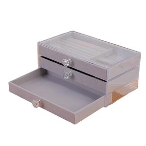 Three-layer acrylic jewelry box with velvet drawers and crystal handles for rings