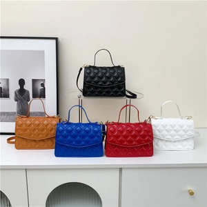 Women PU Leather Quilted Rhombic Crossbody Bag With Top Handle Gold Hardware Fashionable Minimalist Square Handbag