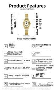 Detailed specs of GEDI gold tonneau quartz watch with stainless steel band and dimensions