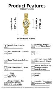 Detailed specifications of golden tonneau quartz watch with stainless steel band