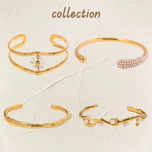 Fashion Bangle Bracelet Stainless Steel Artificial Pearl Rhinestone Gold Plated Open Cuff Adjustable Elegant Jewelry For Women