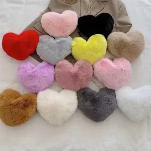 Faux rabbit fur heart-shaped crossbody bag with metal chain in various colors