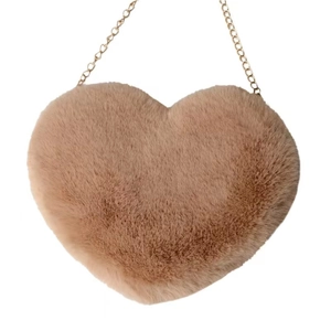 Faux rabbit fur heart shaped chain crossbody bag in khaki plush for sweet girls