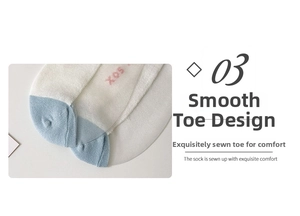 Detail of white cotton blend sock featuring a light blue toe cap and ribbed knit texture