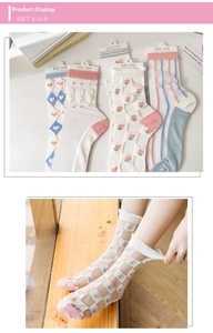 Sheer mesh crew socks with cute floral patterns and ruffled edges in pastel tones