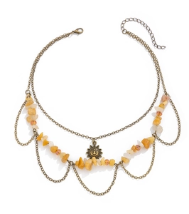 Bohemian multilayer necklace with yellow stones and vintage bronze sun face pendant