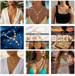 Detailed views of a gold ocean-themed necklace with starfish and seashell charms