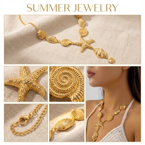 Detailed close-up of golden starfish and seashell charms on an adjustable summer necklace