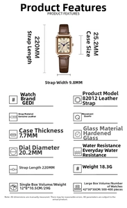 Detailed specification sheet for GEDI retro rectangular leather strap quartz watch