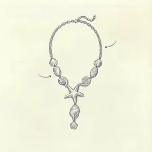 Detailed design sketch of a golden starfish and seashell charm necklace on textured paper