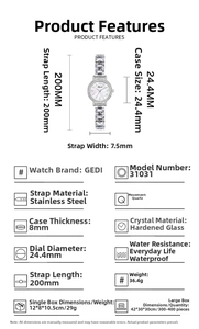 Detailed specifications of silver stainless steel quartz watch with 24.4mm dial dimensions