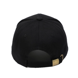 Rear view of black MR MRS cotton baseball cap with adjustable brass buckle and strap