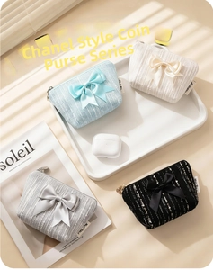 Detailed view of tweed mini wallets with ribbon bows in pastel blue, cream and grey