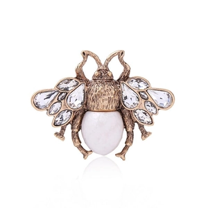 Vintage gold bee brooch with sparkling crystals and large oval pearl stone for suits
