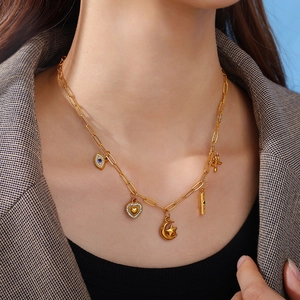 18k gold plated stainless steel paperclip necklace with multi-charm pendants for women