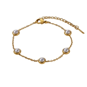 Minimalist gold titanium steel bracelet with five round white pearls and lobster clasp