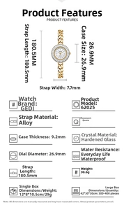 Spécifications de la montre vintage dorée pour femme avec lunette sertie de cristaux