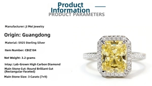 Detail of S925 silver ring featuring 3ct yellow radiant cut carbon diamond measuring 7x9mm