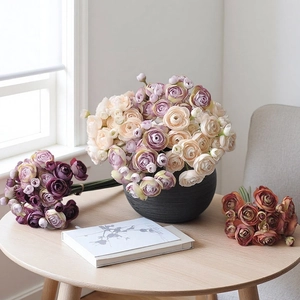 Artificial ranunculus bouquets in cream, purple, and orange for home and wedding decor