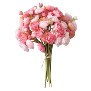 Pink gradient faux ranunculus bridal bouquet with natural twine wrap on white background