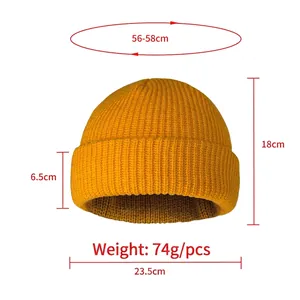 Winter ribbed mustard yellow knit beanie with folded brim for men and women