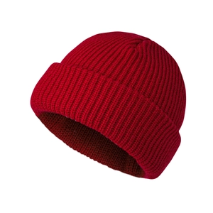 Red ribbed knit beanie hat for men and women featuring a classic cuffed winter style