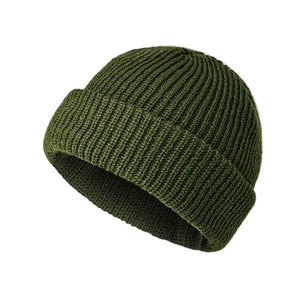 Unisex dark green ribbed knit beanie hat for winter, classic hip-hop skull cap design