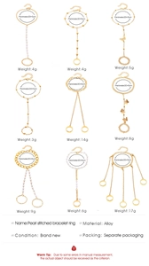 Detailed chart showing nine gold alloy hand chain ring sets with pearls and butterflies