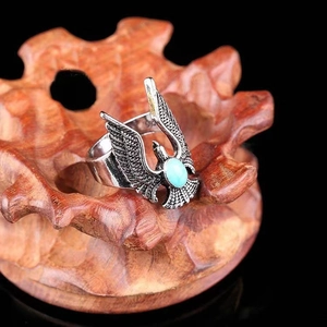 Retro eagle wing silver open ring with turquoise stone and S925 engraving