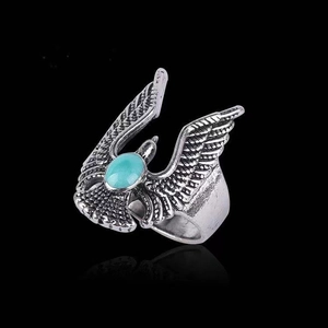 Vintage Eagle Ring Alloy With Turquoise Color Stone Retro Punk Ethnic Style Adjustable Open Band Men Jewelry Gift