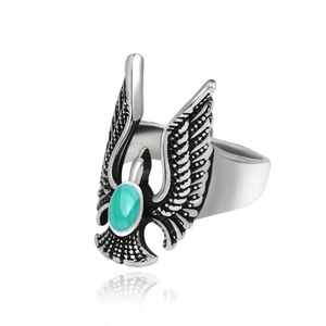 Retro eagle ring for men featuring vintage silver feathers and oval turquoise stone