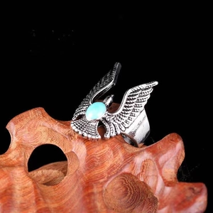 Vintage eagle ring with turquoise blue stone in retro silver finish for men