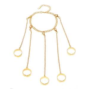 Gold chain finger bracelet with five rings and butterfly heart pearls in hip-hop style