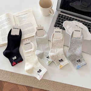 Five pairs of colorful cotton socks with cartoon cat embroidery and 3D heart charms