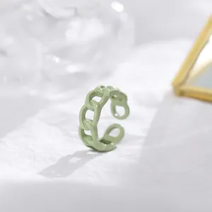 Detail of light green chain-link open ring with glossy finish on textured white background