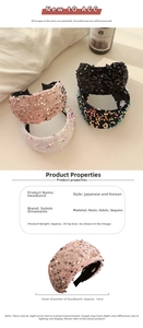 Detail of wide sequin headband showing pink, black, white, and iridescent styles and size