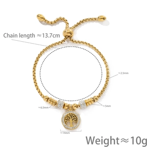 Adjustable golden Tree of Life charm bracelet with crystal accents and slider clasp