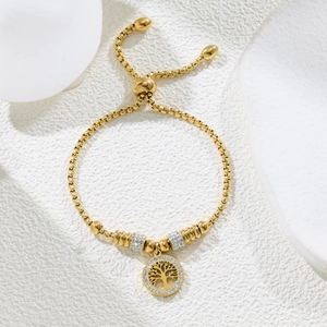 Gold Tree of Life charm bracelet with sparkling crystals and adjustable snake chain