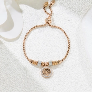 Rose gold Tree of Life bracelet with pavé crystal charms and adjustable slider clasp