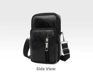 Vue détaillée du sac à bandoulière en cuir PU noir avec plusieurs compartiments zippés