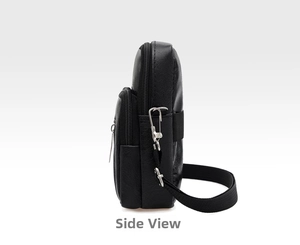 Vue latérale du sac bandoulière en cuir PU noir avec trois compartiments zippés
