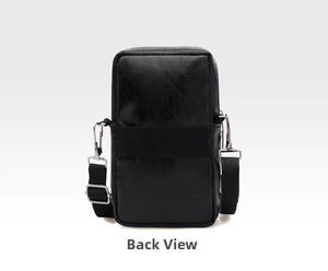 Vue arrière du sac de téléphone en cuir PU noir avec dragonne élastique et bandoulière