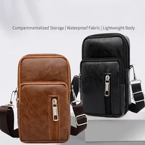 Sac Bandoulière Homme en Cuir PU Petit Imperméable Pochette Téléphone Multi Fermeture Éclair Rétro Couleur Unie pour Voyage