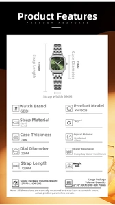 Spécifications de la montre en acier argenté avec cadran carré vert et dimensions détaillées
