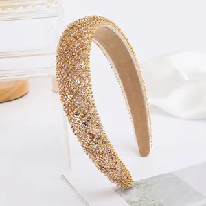 Serre-tête large de luxe avec perles et paillettes dorées et champagne brodées à la main