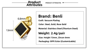 Detailed technical diagram showing 13mm height and 0.8mm pin width of square stud earring