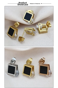 Detail view of square enamel earrings with zircon accents in gold, silver, and rose gold