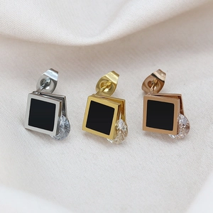Stainless Steel Geometric Square Stud Earrings For Women Black Enamel Rhinestone Inlaid Minimalist Jewelry Daily Earring Gift